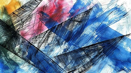 Wall Mural - red center surrounded by blue, yellow, and white shapes