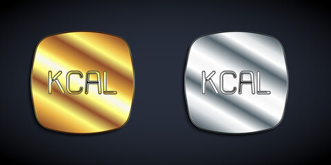 Poster - Gold and silver Kcal icon isolated on isolated on black background. Health food. Long shadow style. Vector