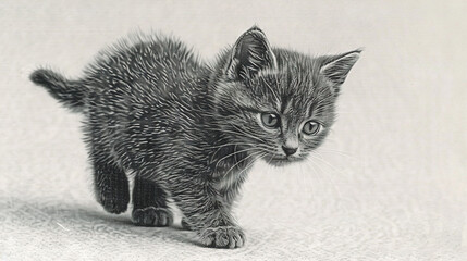 Wall Mural -   A monochrome picture of a tiny kitten on a white backdrop with a monochrome border