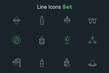 Sticker - Set line Water drop, Big bottle with clean water, Bottle of, Shower, Chemical formula H2O, location, and forbidden icon. Vector