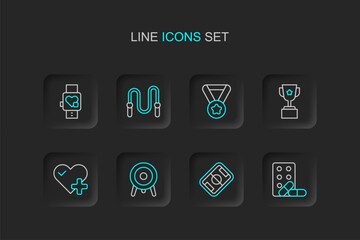 Poster - Set line Sports doping with dumbbell, Football field, Target sport, Heart rate, Award cup, Medal, Jump rope and Smart watch heart icon. Vector