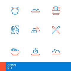 Poster - Set line Sushi, Chinese tea egg, Asian noodles bowl, Food chopsticks, Served fish on plate, Zongzi bamboo steamer, and Fish steak icon. Vector