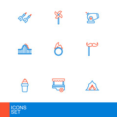 Sticker - Set line Circus tent, Fast street food cart, Ice cream in waffle, Paper mustache on stick, Roller coaster, fire hoop, Cannon and Pinwheel toy icon. Vector