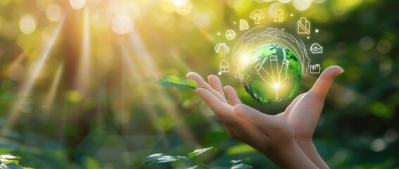 Wall Mural - hand holding a glowing orb with eco-friendly icons representing sustainability in a lush green backg
