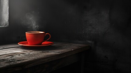 Steaming coffee cup on a rustic wooden table with dark background.