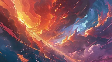 Wall Mural -  A stunning portrait of a cloud-filled sky bathed in vibrant orange and blue light from above
