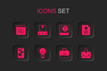 Sticker - Set Light bulb, Consumer product rating, Advertising, Briefcase, Mail and e-mail, Financial book and Mobile 24 hours support icon. Vector