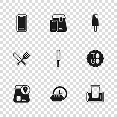 Poster - Set Round the clock delivery, Coffee cup to go, Food ordering on mobile, Knife, Ice cream, Online food and Crossed knife and fork icon. Vector