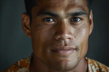 Wall Mural - Close-up portrait of a young man of Pacific Islander descent, studio photo, against a sleek gray studio backdrop