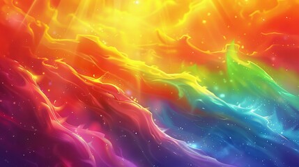 Wall Mural -   A painting of a vibrant rainbow sky filled with fluffy clouds and a shimmering star at its center