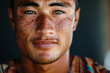 Wall Mural - Close-up portrait of a young man of Pacific Islander descent, studio photo, against a sleek gray studio backdrop