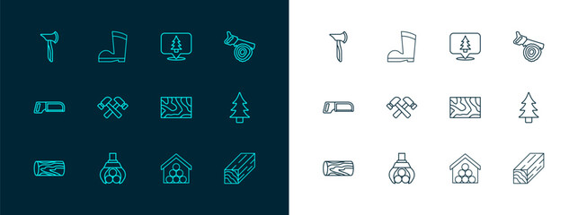 Sticker - Set line Hand saw and log, Grapple crane grabbed, Wooden beam, logs, Crossed hammer, Location of the forest, axe and Waterproof rubber boot icon. Vector