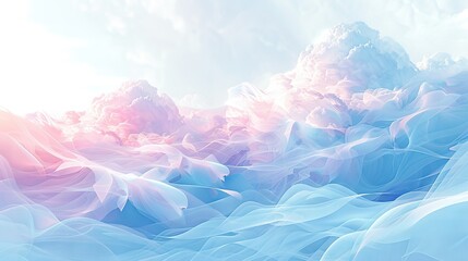 Wall Mural -  A digital painting depicts a mountain range with cloudy skies, surrounded by mountains and a blue sky with cloud formations in the foreground