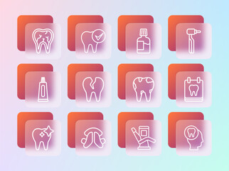 Wall Mural - Set line Tooth drill, Dental tooth plate, Broken, Medical dental chair, Mouthwash, and icon. Vector