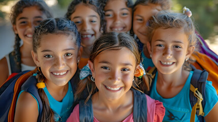 Wall Mural - A group of young girls wearing backpacks and smiling for the camera.