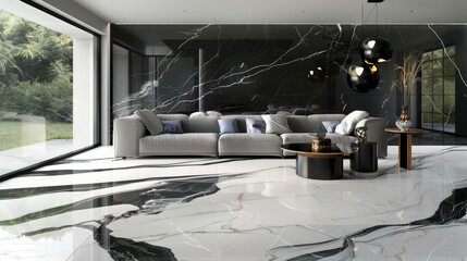 Sticker - Modern Living Room with Black and White Marble