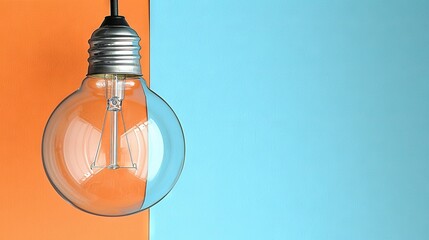   A single blue-and-orange wall has two hanging light bulbs