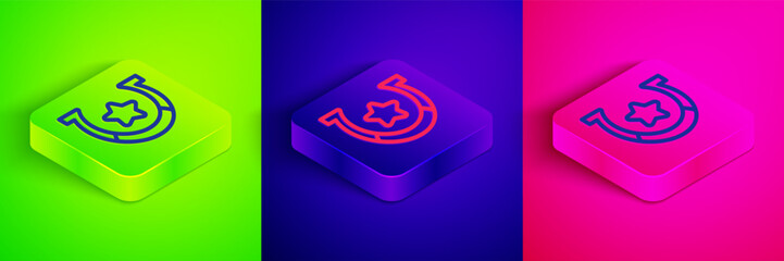 Wall Mural - Isometric line Horseshoe icon isolated on green, blue and pink background. Square button. Vector