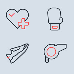 Wall Mural - Set line Boxing glove, Fitness sneakers shoes, Whistle and Heart rate icon. Vector