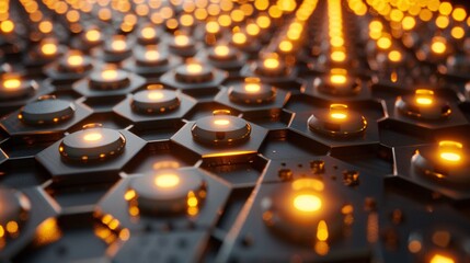 Canvas Print - Abstract technology background with glowing hexagons and light spots. 3d rendering