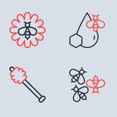 Poster - Set line Bee and honeycomb, Honey dipper stick, Bees and flower icon. Vector