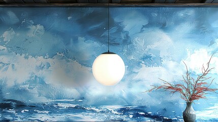 Wall Mural -   Vase with plant sits on table in front of water-cloud painting on wall