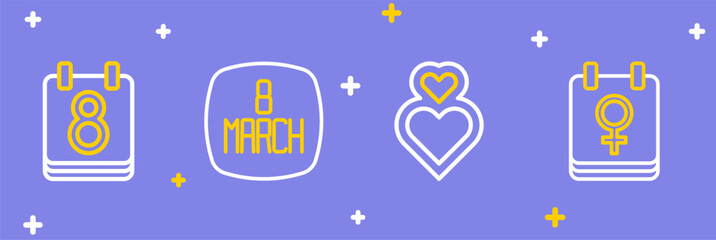 Sticker - Set line Calendar with 8 March, Heart, and icon. Vector