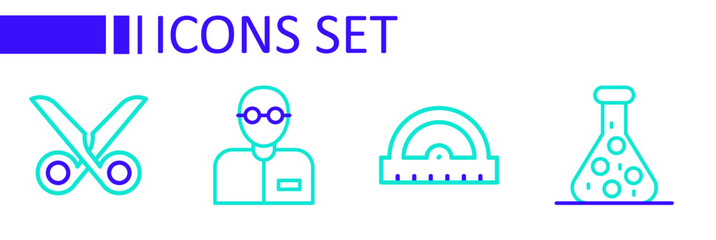 Canvas Print - Set line Test tube, Protractor grid, Teacher and Scissors icon. Vector