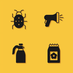 Wall Mural - Set Colorado beetle, Pack full of seeds, Garden sprayer for water and hose icon with long shadow. Vector