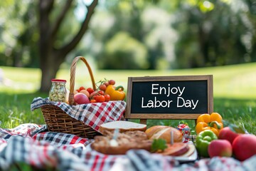 On the grass lies a picnic blanket with a basket filled with fruits and vegetables. A sign nearby reads enjoy labor day. The scene is a perfect blend of natural food and relaxation