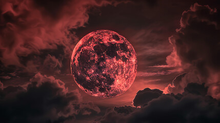 Wall Mural - a large, full moon centered in the frame with a reddish hue, set against a backdrop of dark clouds also tinted red