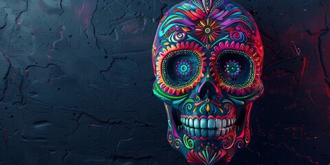 a colorful sugar skull is on a dark background