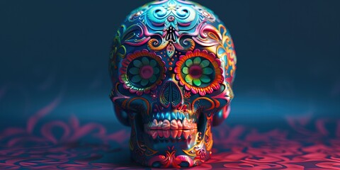 a colorful sugar skull is on a dark background