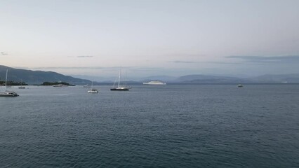 Wall Mural - Aerial View over the picturesque bay of Corfu Gouvia and a sailing boats 