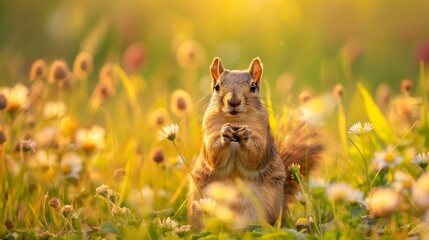 Wall Mural - A squirrel is standing in a field of yellow flowers. The squirrel is looking at the camera and he is curious