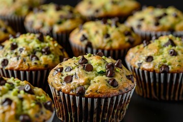 Canvas Print - Macro shot of zucchini muffins with chocolate chips on dark background