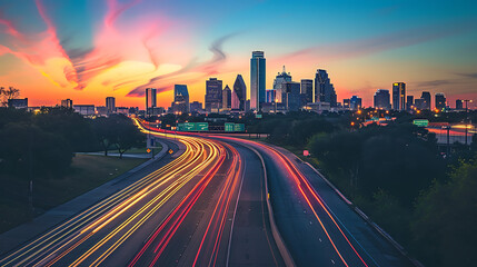 Wall Mural - a captivating long-exposure photograph of a bustling cityscape during twilight. Vibrant light trails from moving traffic streak across the road, leading toward a skyline