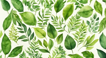 Wall Mural - A collection of various watercolor greenery leaves arranged in a pattern against a white background The different shades of green and delicate brushstrokes create a fresh and natural feel 4k animation