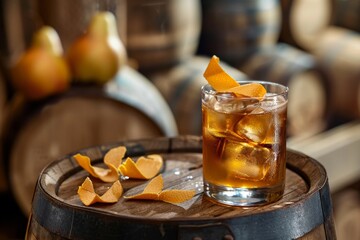 Poster - Mezcal and vermouth cocktail with smoked pear liqueur garnished with orange chips in Old Fashioned glass placed on wooden barrel