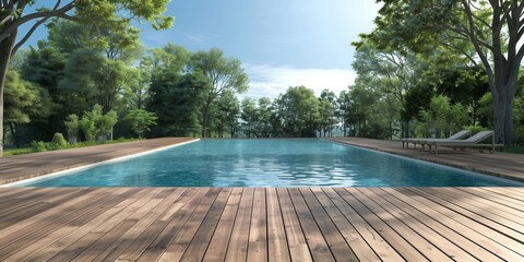 Empty wooden deck with swimming pool