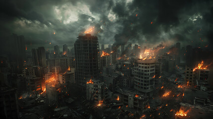 Wall Mural - A photorealistic scene of a city during doomsday, with crumbling buildings, fires, and dark stormy skies. The background shows a chaotic urban landscape with debris and destruction everywhere