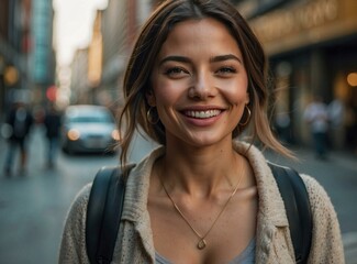 Wall Mural - A beautiful young woman smiles happily while walking down a busy city street. AI.