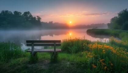 Poster - A beautiful sunset over a lake. AI.