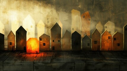 Sticker - A row of paper houses with one glowing from within. AI.