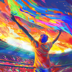 Wall Mural - A digital illustration of a soccer supporter in the stadium, painted with bold and dynamic colors, holding a scarf above their head