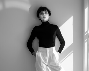 Canvas Print - A woman in a turtleneck blouse and white pants poses against a white wall. AI.