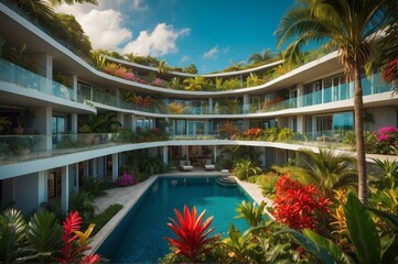 Canvas Print - A beautiful modern house with a pool and tropical garden. AI.