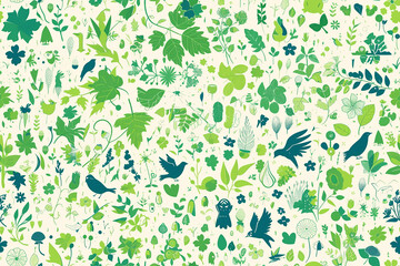 Wall Mural - A seamless pattern featuring a variety of green leaves, birds, and small plants on a light background, perfect for nature-inspired designs.