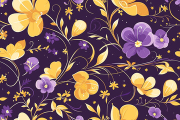 Wall Mural - A seamless pattern of yellow and purple flowers on a dark background. The floral design is elegant and modern.