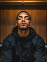 Poster - Portrait of a young man with his eyes closed and a peaceful expression on his face. AI.